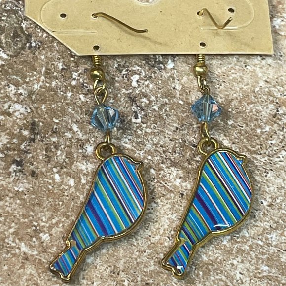 HANDMADE ARTISAN Blue Bird Striped Enamel Gold Tone Metal Earrings Dangle Hooks - Picture 6 of 6